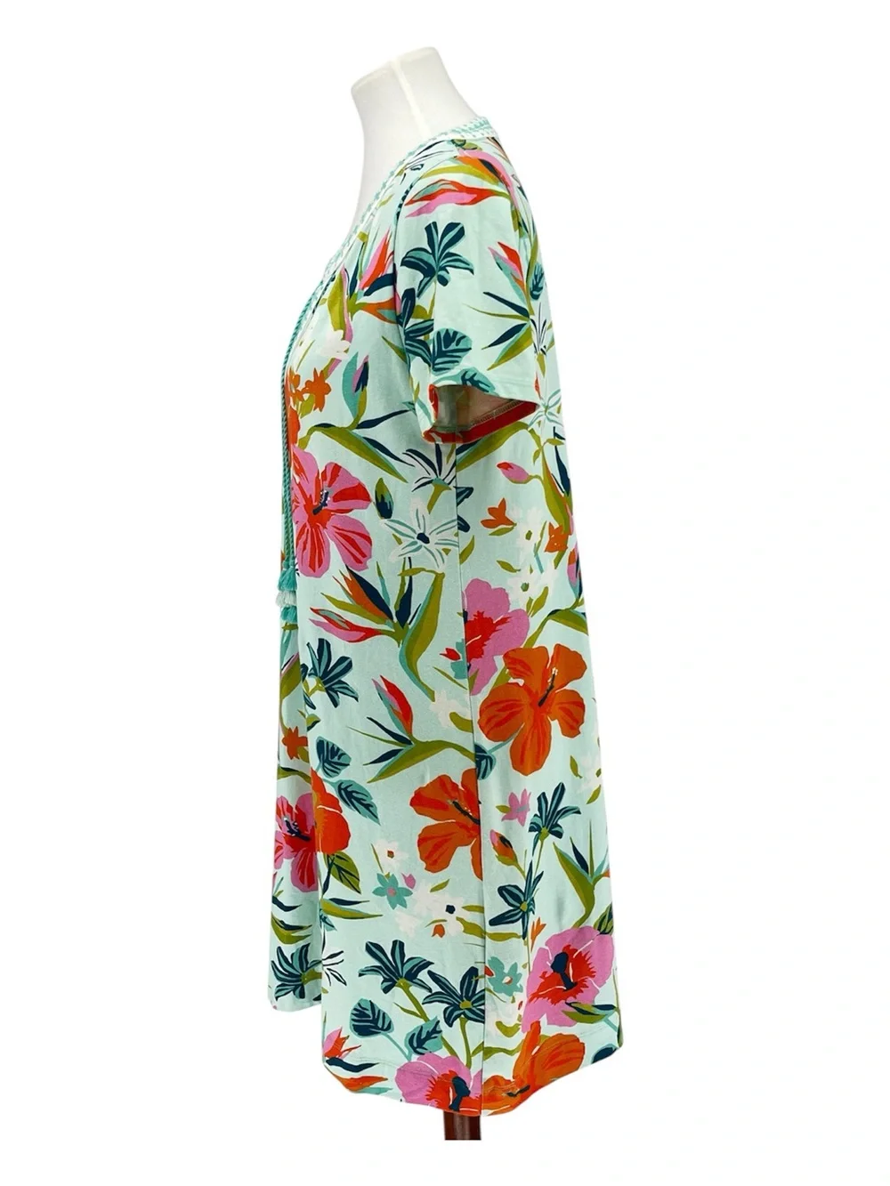 Spartina 449 Brielle Turquoise Floral Cotton Shift Dress Tassel Cover Up Size M